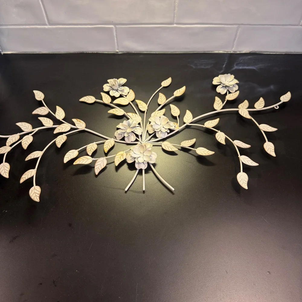 Metal Floral Wall Art Home Decor 28in Cream Gold Distressed Shabby Chic Spray